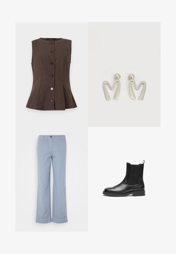 Mouwloos bruin gilet met knopen, ronde halslijn en getailleerde naden, met zes knopen aan de voorkant, waarvan één lichter van kleur.; Lichtblauwe linnen broek met rechte pijpen, knoopsluiting en opgerolde zoom. Glad textuur, ontworpen voor casual gebruik.; Zwarte leren Chelsea-laarzen met elastische zijpanelen, ronde neus, trekband en chunky zwarte rubberen zool. Gladde textuur en klassiek ontwerp.; Paar zilverkleurige metalen oorbellen in de vorm van een hoekige letter M met afgeronde stekers op een witte achtergrond.