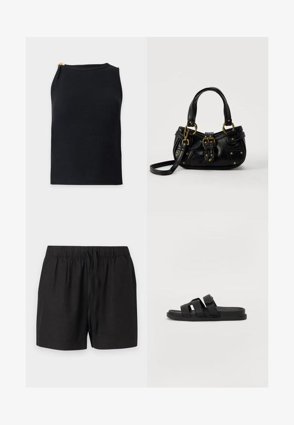 Haut noir côtelé sans manches avec encolure ronde et petit détail de fermoir doré sur l'épaule gauche.; Shorts noirs décontractés avec taille élastique et cordon devant, fabriqués en tissu léger, présentés sur un fond neutre.; Sandales noires à glissière avec trois sangles texturées, une semelle plate et un design minimaliste. La partie supérieure présente un motif tissé.; Sac à main en cuir noir avec boucle dorée et détails à rivets, poignées courtes et bandoulière réglable sur fond blanc uni.