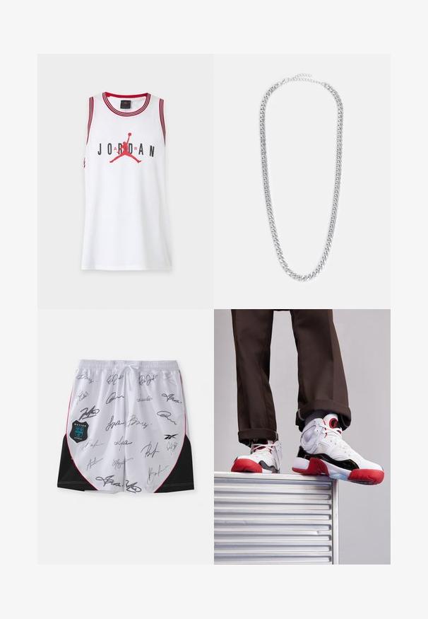 Camiseta blanca sin mangas de baloncesto con ribete rojo, con texto negro "JORDAN" y logotipo rojo de Jumpman en el centro.; Pantalones cortos blancos con acentos negros y ribete rojo, con múltiples firmas en negro. Incluye un logo de Botter Antwerp en el lado izquierdo.; Zapatillas deportivas blancas y negras con acentos rojos. Presentan materiales de malla y cuero, punta redondeada y suela de goma texturizada.; Collar de cadena de metal plateado que presenta eslabones entrelazados, una textura suave y un cierre ajustable para personalizar la longitud.