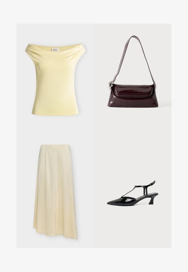 Top sans manches jaune pâle à épaules dénudées avec un léger drapé au niveau du col et une petite étiquette blanche de la marque à l'intérieur.; Longue jupe couleur crème avec une texture lisse et un léger drapé, présentée sur un fond clair uni.; Chaussure slingback en cuir verni noir à bout pointu avec bride en T et petit talon bloc incliné sur fond blanc.; Sac à bandoulière en cuir bordeaux foncé avec fermeture à rabat et une fine sangle réglable, présenté sur un fond clair uni.