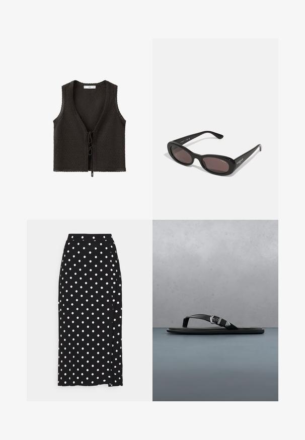 Veste sans manches noire en maille avec col en V et fermetures à nouer à l'avant, avec une apparence texturée et artisanale.; Jupe noire à pois blancs, faite en tissu doux. Elle présente une coupe droite et une fente en bas pour plus de liberté de mouvement.; Sandale fine noire avec boucle argentée suspendue au-dessus d'un sol en carreaux de bois en plein air, avec un feuillage vert et un mur de pierre en arrière-plan.; Lunettes de soleil noires avec des montures ovales, des verres teintés foncés et "vogue" imprimé en blanc sur les branches extérieures. Matériau en plastique lisse.