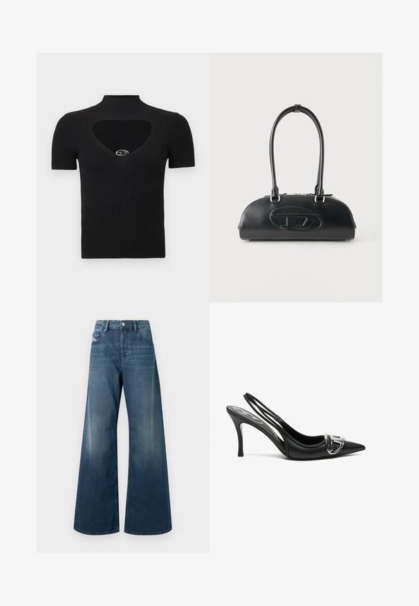 Sort ribstrikket top med høj hals og hjerteformet udskæring. Har korte ærmer og en sølvaccent ved halsudskæringen.; Vidbenede jeans i mørkeblå denim med en falmet finish, traditionelt design med fem lommer og en metal knaplukning i taljen.; Sorte slingback højhælede sko med spids tå, der har en skinnende sølvspænde detalje og en slank hæl. Glat lædertekstur, minimalistisk design.; Sort læderhåndtaske med lange dobbelte håndtag og præget ovalt logo foran, vist mod en ensartet lys baggrund.