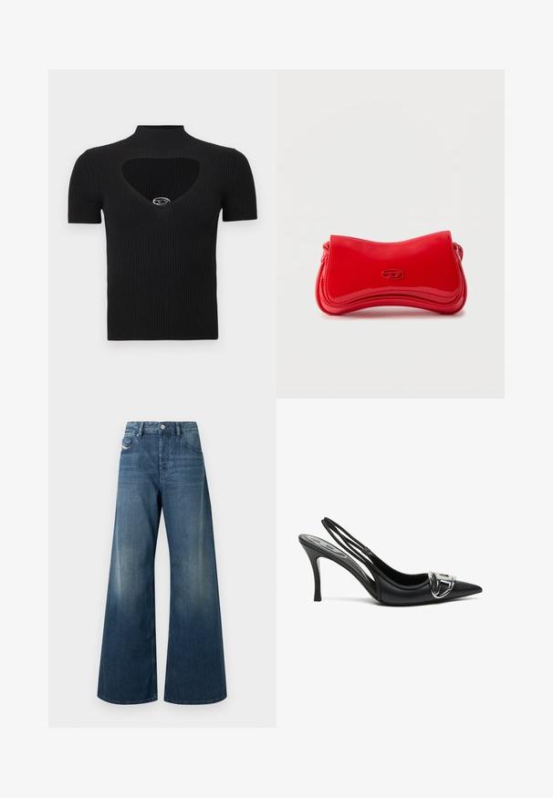 Top negro de punto acanalado con cuello alto y escote en forma de corazón. Presenta mangas cortas y un accesorio plateado en el cuello.; Jeans de piernas anchas en denim azul oscuro, con un acabado desgastado, diseño tradicional de cinco bolsillos y cierre con botón de metal en la cintura.; Zapatos de tacón alto de charol negros con tira trasera y punta afilada, que presentan un detalle de hebilla plateada brillante y un tacón delgado. Textura de cuero suave, diseño minimalista.; Bolso rojo brillante con curvas suaves y un pequeño logo ovalado en el frente, sobre un fondo liso y claro.