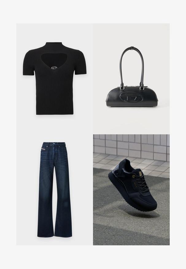 Zwart geribd gebreid topje met een hoge hals en hartvormige uitsnijding. Heeft korte mouwen en een zilveren accent bij de halslijn.; Donkerblauwe jeans met wijde pijpen gemaakt van denim. Voorzien van een knoopsluiting, vijfzakkenontwerp en subtiele vervaging aan de voorkant.; Zwarte sneaker met een bovenwerk van mesh, glanzende accenten, gouden hardware, een gestructureerde zool en een gewatteerde kraag voor comfort.; Zwarte leren handtas met lange dubbele handvatten en een reliëflogo in ovale vorm aan de voorkant, getoond tegen een effen lichte achtergrond.