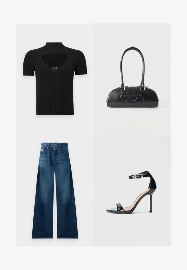Sort ribstrikket top med høj hals og hjerteformet udskæring. Har korte ærmer og en sølvaccent ved halsudskæringen.; Bredde denimjeans i mørk vask. Har traditionelt fem-lomme design, knappelukning og let falmning på lårerne.; Sort højhælet sandal i laklæder med ankelrem. Har minimalistisk design, åben tå og spænde med rhinsten-detaljer.; Sort læderhåndtaske med lange dobbelte håndtag og præget ovalt logo foran, vist mod en ensartet lys baggrund.