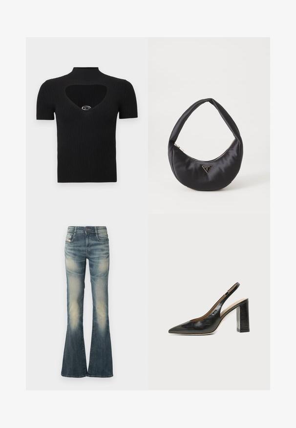 Sort ribstrikket top med høj hals og hjerteformet udskæring. Har korte ærmer og en sølvaccent ved halsudskæringen.; Denimjeans med vidde i en falmet blå farve med let slid. Har lukning med knapper foran, fem lommer og en talje i mellemhøjde.; Sort læder peep-toe slingback sko med høj blokhæl og beige indvendig foring mod en ensfarvet lys baggrund.; Sort satin håndtaske med en buet form, der har en lynlåslukning og et trekantet logo i metal på forsiden. Glat tekstur og slankt design.