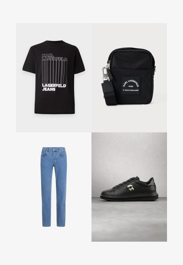 Čierne tričko vyrobené z bavlny s bielym blokovým textom "KARL LAGERFELD" a "LAGERFELD JEANS" s vertikálnym detailom; štandardný okrúhly výstrih.; Svetlomodré džínsové nohavice so strihom rovného nohavice, piatimi vreckami a zapínaním na gombík. Tkanina má textúrovaný povrch s jemným vyblednutím.; Osoba nosiaca čierne kožené nohavice a čierne tenisky s malým doplnkom s postavičkou z rozprávky na boku, stojaca na drevenej podlahe.; Čierna nylonová crossbody taška s obdĺžnikovým tvarom, s predným nášivkovým označením, strieborným kovovým hardvérom a nastaviteľným popruhom.