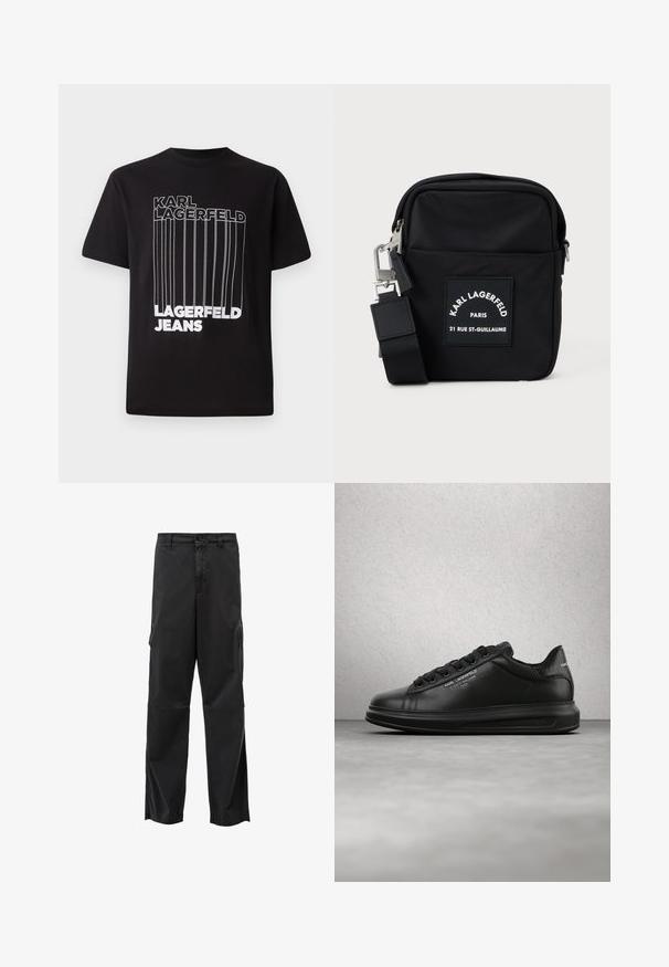 Camiseta negra de algodón con texto en bloque blanco "KARL LAGERFELD" y "LAGERFELD JEANS" con detalle de línea vertical; con cuello redondo estándar.; Pantalones cargo negros con corte recto, cierre de botón y bolsillos laterales. Tejido suave con un acabado mate y sin patrones visibles.; Persona que lleva zapatillas negras Karl Lagerfeld con pantalones negros, de pie sobre un suelo de parquet de madera contra una pared blanca con paneles.; Bolsa cruzada de nailon negra con forma rectangular, presenta una etiqueta en el parche frontal, herrajes plateados y una correa ajustable.