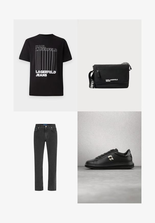 Schwarzes T-Shirt aus Baumwolle mit weißem Blocktext "KARL LAGERFELD" und "LAGERFELD JEANS" sowie vertikalen Linienelementen; klassischer Rundhalsausschnitt.; Schwarze Denim-Jeans mit geradem Bein, kontrastierenden Nähten, fünf Taschen und einem metallischen Knopfverschluss. Weicher, strukturierten Stoff.; Person trägt schwarze Lederhosen und schwarze Sneakers mit einem kleinen Comic-Charakter-Anhänger an der Seite, steht auf einem Holzboden.; Schwarze Umhängetasche aus glattem Nylon. Verfügt über einen verstellbaren Riemen, eine vordere Reißverschlusstasche und ein weiß aufgedrucktes Logo. Rechteckige Form mit minimalistischem Design.