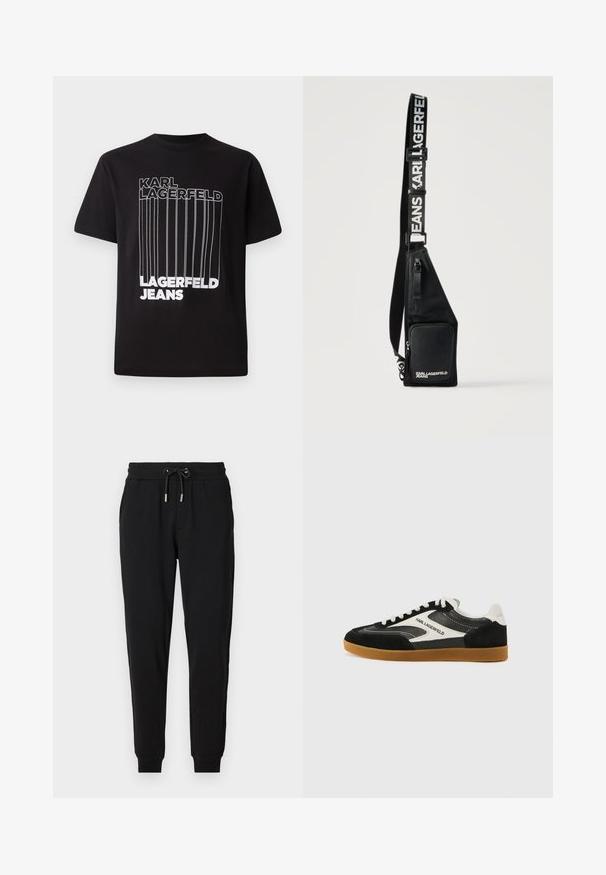 Camiseta negra de algodón con texto en bloque blanco "KARL LAGERFELD" y "LAGERFELD JEANS" con detalle de línea vertical; con cuello redondo estándar.; Pantalones deportivos negros con cintura elástica, cordón ajustable, bolsillos laterales y piernas ajustadas. Fabricados con un tejido suave y elástico.; Zapatillas bajas en blanco y negro, fabricadas con materiales de ante y cuero, que cuentan con una suela de goma y un detalle del logo "Karl Lagerfeld".; Bolso bandolera negro con bolsillo frontal con cremallera y correa ajustable impresa con "KARL LAGERFELD JEANS" en letras blancas.