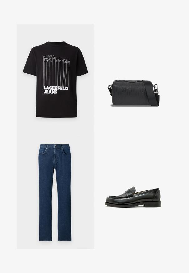 Μαύρη μπλούζα T-shirt από βαμβάκι με λευκό κείμενο σε μπλοκ "KARL LAGERFELD" και "LAGERFELD JEANS" με λεπτομέρεια κατακόρυφης γραμμής; κλασική στρογγυλή λαιμόκοψη.; Σκούρο μπλε τζιν παντελόνι με ίσια γραμμή, διαθέτει κούμπωμα μπροστά, θηλιές ζωνών και τυπικό σχέδιο τσεπών.; Μαύρη δερμάτινη loafer με υφή σε μαύρο δερμάτινο σχεδιασμό, στρογγυλή μύτη και χαμηλό μπλοκ τακούνι. Το προϊόν διαθέτει διακοσμητική μεταλλική λεπτομέρεια.; Μαύρη κυλινδρική τσάντα χιαστή με ανάγλυφο γεωμετρικό σχέδιο και φαρδιά ρυθμιζόμενη ιμάντα ώμου πάνω σε λευκό φόντο.