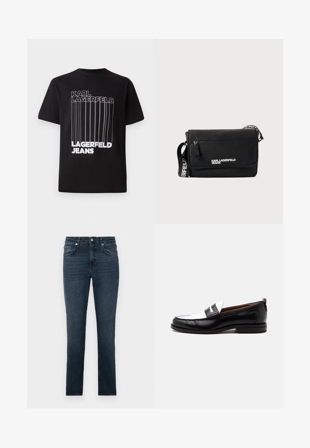 Schwarzes T-Shirt aus Baumwolle mit weißem Blocktext "KARL LAGERFELD" und "LAGERFELD JEANS" sowie vertikalen Linienelementen; klassischer Rundhalsausschnitt.; Dunkelblaue Slim-Fit-Jeans mit Vordertaschen, Knopf und Gürtelschlaufen, auf einem schlichten hellen Hintergrund präsentiert.; Schwarz-weißer Lederloafer mit genähten Details, niedrigem Absatz und einem Slip-On-Design, seitlich auf neutralem Hintergrund gezeigt.; Schwarze Umhängetasche aus glattem Nylon. Verfügt über einen verstellbaren Riemen, eine vordere Reißverschlusstasche und ein weiß aufgedrucktes Logo. Rechteckige Form mit minimalistischem Design.