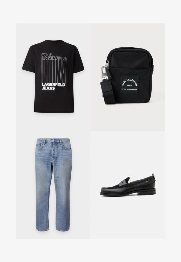 Čierne tričko vyrobené z bavlny s bielym blokovým textom "KARL LAGERFELD" a "LAGERFELD JEANS" s vertikálnym detailom; štandardný okrúhly výstrih.; Svetlomodré džínsy s rovnými nohavicami, dizajnom s piatimi vreckami, viditeľným šitím a zapínaním na gombík v páse.; Čierny kožený mokasín so sivým remienkom, nízkym podpätkom a textúrovanou podrážkou, so značkou "HUGO" v zlatej farbe na boku.; Čierna nylonová crossbody taška s obdĺžnikovým tvarom, s predným nášivkovým označením, strieborným kovovým hardvérom a nastaviteľným popruhom.