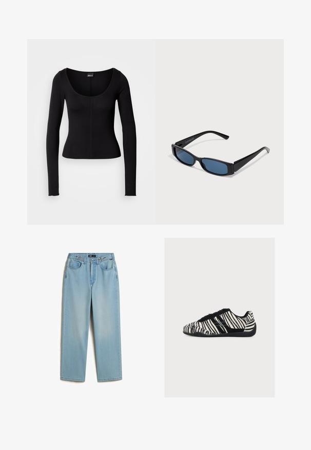 Zwart langärmelig shirt met een ronde hals, nauwsluitend ontwerp en verticale stikseldetails in het midden. Gemaakt van een gladde stof.; Vans CINCHED CHECK - Baggy jeans - light stonewash; Low-profile sneaker met zwart-witte zebrastripes, zwarte veters en een getextureerde zwarte zool, gezien vanaf de zijkant op een witte achtergrond.; Zwarte zonnebril met een slank rechthoekig frame en blauwe lenzen. Heeft een gladde textuur en stevige pootjes. Merklogo aan de zijkant.