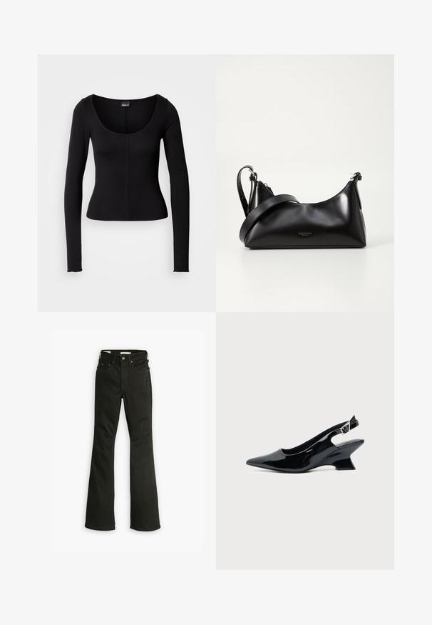 Sort langærmet top med rund halsudskæring, tætsiddende pasform og lodrette syninger i midten. Fremstillet af et glat stof.; Sorte flared jeans lavet af denim. Har et klassisk fem-lomme design med lynlås, kraftig syning og en ren kant.; Sort laklæder slingback sko med spids tå og lav vinklet blokhæl på ensartet lys baggrund.; Sort læderhåndtaske med en glat tekstur. Har en justerbar stropp og et enkelt, minimalistisk design med lynlås.