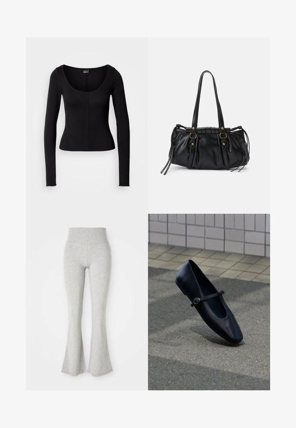 Schwarzes Langarm-Top mit rundem Ausschnitt, figurbetontem Design und vertikaler Nahtdetail in der Mitte. Hergestellt aus einem glatten Stoff.; Graue, ausgestellte Leggings aus weichem Material, mit einem elastischen Bund und einer glatten Textur, die am Saum zur Ausstülpung hin auslaufen.; Schwarzer Leder-Mary-Jane-Ballerina mit kleinem Schnallenriemen, auf grauem Asphaltboden nahe einer gefliesten Wand platziert.; Schwarze Lederhandtasche mit runder Form, doppelten Griffen, dekorativen Hardware-Details und seitlichen Bindebändern. Glatte, glänzende Textur.