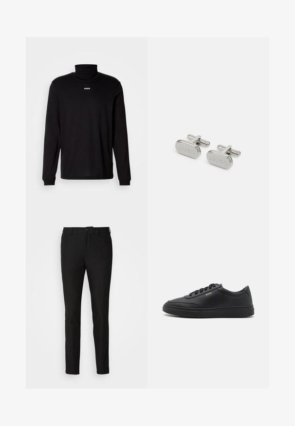 T-shirt à col roulé noir à manches longues en tissu lisse, avec un logo "HUGO" blanc sur la poitrine, doté de poignets et d'un ourlet ajustés.; Pantalon noir ajusté, avec une fermeture à bouton, une braguette zippée et deux poches avant. Tissu lisse avec un fini mat.; Baskets en cuir noir avec une texture lisse, bout rond, semelle en caoutchouc plate et lacets ton sur ton. Présente une marque "BOSS" dorée sur le côté.; Chaussettes en argent avec une forme ovale présentant un logo "HUGO" en relief. Fabriquées en métal poli, elles ont un design minimaliste et une texture lisse.