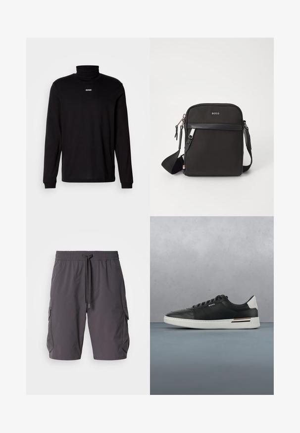 Schwarzes Langarm-Turtleneck-Shirt aus glattem Stoff, mit einem weißen "HUGO"-Logo auf der Brust, eng anliegend an den Bündchen und dem Saum.; Graue Cargo-Shorts aus leichtem Stoff, mit einem Kordelzugbund, Seitentaschen und einem leicht lockeren Schnitt.; Schwarze Ledersneaker mit weißer Sohle, ausgestattet mit Perforationen, Schnürdesign, Logo an der Seite und kontrastierenden Fersendetails in Weiß und Braun.; Schwarze Umhängetasche aus strukturiertem Stoff, mit Logo auf der Vorderseite, Reißverschluss und verstellbarem Tragegurt. Verfügt über eine glatte Lederbesatz.
