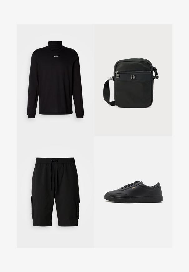 Camisa de cuello alto negra de manga larga hecha de un tejido suave, con el logo blanco "HUGO" en el pecho, con puños y dobladillo ajustados.; Pantalones cortos cargo negros hechos de tejido ligero, con una cinturilla elástica, cordón y bolsillos laterales cargo para almacenamiento adicional.; Zapatillas de cuero negro con una textura suave, punta redondeada, suela plana de goma y cordones a tono. Presentan el logotipo dorado "BOSS" en el lateral.; Bolso bandolera de nylon negro con un bolsillo delantero con cremallera, logo "HUGO" en relieve y una correa ajustable. Diseño rectangular compacto.