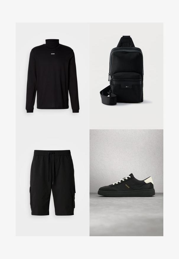 Zwarte turtleneckshirt met lange mouwen, gemaakt van soepel materiaal, met een witte "HUGO" logo op de borst, en met aansluitende manchetten en zoom.; Zwarte cargoshorts gemaakt van lichtgewicht stof, met een elastische tailleband, een trekkoord en zijvakken voor extra opbergruimte.; Zwarte sneaker met witte veters en hielstuk, "HUGO"-logo aan de zijkant, zwevend in de lucht tegen een grijze vloer en een achtergrond van glazen blokken.; Zwarte compacte crossbodytas met voorvak met ritssluiting, verstelbare riem en gestructureerde stof op een effen achtergrond.