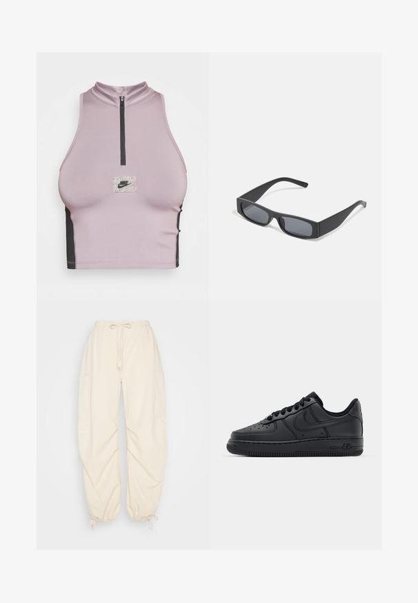 Nike Sportswear Top - purple smoke/purple smoke; Weekday SKYLER PARACHUTE TROUSER - Kapsáče - white dusty light; Černé kožené tenisky s perforovanou špičkou, plochými tkaničkami a gumovou podrážkou. Obsahují malé logo na boku a texturované detaily.; Černé obdélníkové sluneční brýle s tmavými skly a tlustými matnými rámy. Stranice jsou mírně zúžené s hladkým povrchem.