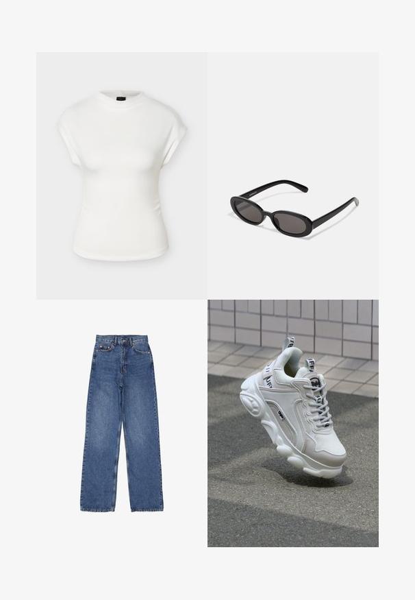 Hvid tætsiddende top med korte ærmer, høj rund halsudskæring og let polstrede skuldre, vist på en ensfarvet baggrund.; Denim jeans med høj talje og bred ben, med en klassisk blå vask, synlig syning og metalhardware på frontlommen.; Hvide sneakers med mesh- og lædermaterialer, rund tå, tyk sål, fremtrædende snørebånd og branding på hælen og tungen.; Even&Odd Solbriller - black