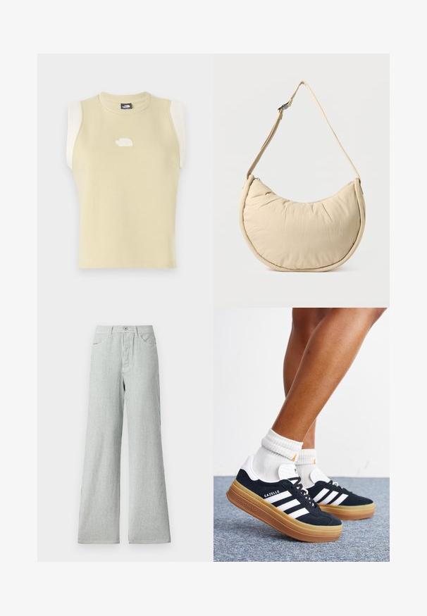 Débardeur en coton jaune pastel sans manches avec un col rond. Présente des panneaux d'épaule en crème contrastants et un logo texturé sur la poitrine.; Pantalons larges à rayures fabriqués en tissu léger, avec des rayures verticales bleues et blanches, une taille haute et des poches avant.; Jambes portant des chaussettes blanches et des baskets Adidas Gazelle noires avec des bandes blanches et des semelles épaisses marron sur un sol recouvert de moquette grise.; Sac d'épaule beige en forme de demi-lune avec une texture douce et rembourrée. Comprend une bandoulière réglable et une fermeture éclair sur le bord supérieur.