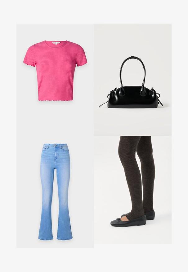 Top corto de manga corta de color rosa con cuello redondo y dobladillo festoneado. Hecho de una tela suave, presenta una silueta ajustada.; Jeans acampanados de color azul claro con una cintura alta, hechos de mezclilla. Presentan una textura suave y un ligero desvanecimiento hacia el dobladillo. Diseño clásico de cinco bolsillos.; Piernas con leggings oscuros acanalados combinados con bailarinas negras que presentan pequeños detalles de lazo sobre un fondo blanco.; Pequeño bolso negro brillante con dos asas largas y detalles de cordón lateral sobre un fondo claro liso.