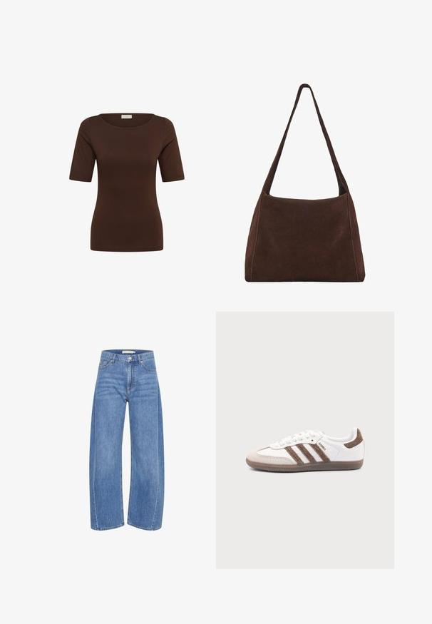 Bruin aansluitend shirt met korte mouwen, een ronde hals en gladde stof, getoond op een effen witte achtergrond.; Lichtblauwe denim wijde broek met hoge taille, voorzien van een knoop en ritssluiting, vijf zakken en subtiele vervagingsdetails.; Witte Adidas Samba sneaker met bruine suède strepen, bruine rubberen zool en beige suède neuskap, getoond vanaf de buitenkant op een effen achtergrond.; Bruine suède schoudertas met een slouchy vorm, enkele brede strap en een eenvoudig ontwerp. Bevat zichtbare stiksels langs de randen.