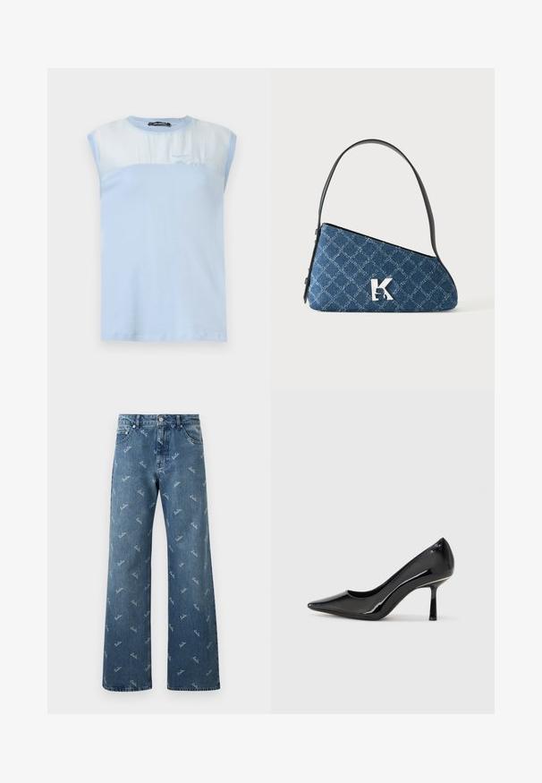 Lyseblå ærmeløs top med en blød bomuldstekstur, en gennemsigtig øvre del og broderet "Karl"-detalje på fronten.; Lyseblå denimjeans med bred bendesign, prydet med et gentaget 'lala' logo-mønster i hvid og en klassisk fem-lomme stil.; Sorte patenterede læderpumper med høje hæle, spids tå, slankt design og slank stilettohæle, som har en glat, blank tekstur.; Blå quiltet denim skuldertaske med sort strop og sølv "K" logo foran, vist på en ensfarvet hvid baggrund.