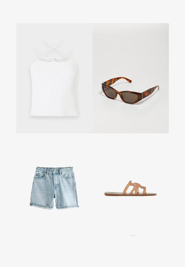Hvid ribbet ærmeløs top med tynde krydsede stropper og en lige udskæring.; Lyseblå denim shorts med rå kant, fem lommer og knaplukning. Stoffet har en let slidt tekstur.; Flad sandal i tan med tre sammenknyttede remme over toppen, åben tå og glat sål, vist fra siden på en hvid baggrund.; Skildpaddefarvede solbriller med brune linser, rektangulær form, tykke rammer og forhøjede logo-accenter på stængerne.