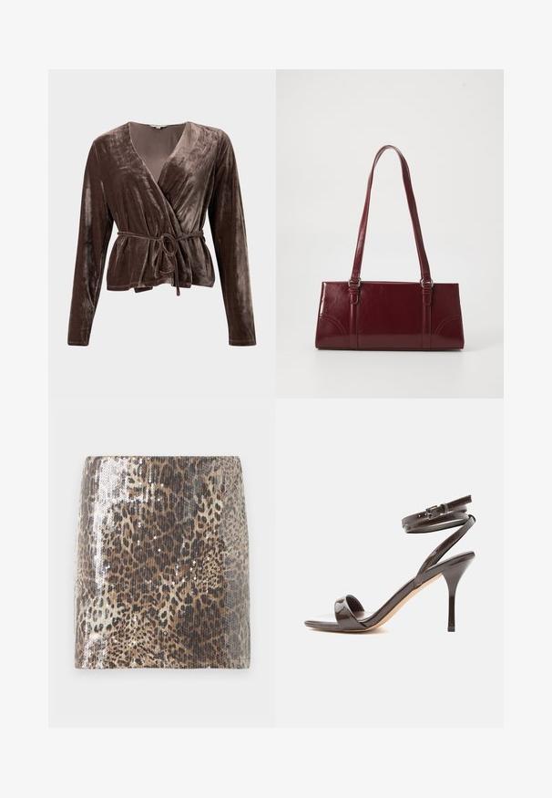 Top en velours marron avec des manches longues, décolleté en V et ceinture à nouer ajustable. Texture douce avec un léger éclat. Pas de motifs ni de matériel visible.; Jupe courte en motif léopard fabriquée dans un tissu texturé, ornée de paillettes argentées qui mettent en valeur le motif animal, avec une silhouette ajustée.; Sandale à talon haut en cuir verni marron foncé avec une fine bride autour de la cheville et un bout ouvert sur fond blanc.; Sac à main bordeaux en matériau brillant, de forme rectangulaire, avec deux anses et des accents légèrement courbés à l'avant.
