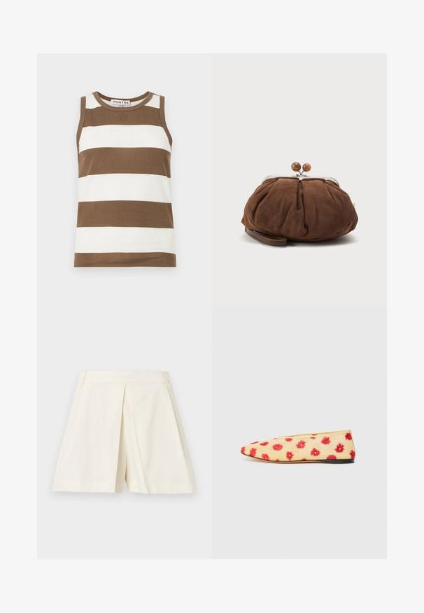 Haut sans manches à rayures marron et blanches en tissu côtelé. Il présente un encolure ronde et un petit logo à l'avant.; Shorts ajustés couleur crème avec pli devant et passants de ceinture, présentés sur fond blanc.; Chaussure plate avec une tige en tissu jaune ornée d'un motif floral en rouge. Bout pointu, design minimaliste et semelle en caoutchouc noir.; Petit sac poignet en daim marron doux avec cadre en métal argenté et boules rondes marron de fermeture sur fond clair uni.