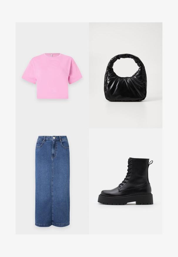 Kurzes, pinkes, cropped T-Shirt aus glattem Baumwollmaterial mit rundem Ausschnitt und kurzen Ärmeln. Einfaches Design, ohne Muster oder Akzente.; Maxi-Rock aus Denim in Dunkelblau, mit geradem Schnitt, Bund mit Knopfverschluss und minimalistischen Nähten.; Schwarze Lederstiefeletten mit runder Zehenpartie, Schnürung vorne und einer dicken Gummisohle mit strukturiertem Profil. Mit Zugschlaufe an der Rückseite.; Schwarze gepolsterte Handtasche mit einem runden Griff, die eine glatte, glänzende Oberfläche und eine weiche, gestepfte Textur aufweist. Keine sichtbare Hardware oder Akzente.