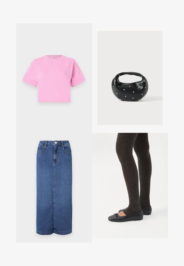 Κοντό ροζ cropped t-shirt από απαλό βαμβακερό υλικό, με στρογγυλή λαιμόκοψη και κοντά μανίκια. Απλός σχεδιασμός, χωρίς μοτίβα ή διακοσμητικά.; Τζιν μακρύ φούστα σε σκούρο μπλε, με ευθεία γραμμή, ζώνη με κούμπωμα κουμπιού και ελάχιστες λεπτομέρειες ραφής.; Πόδια με σκουρόχρωμα ριμπ κολάν συνδυασμένα με μαύρα μπαλαρίνα παπούτσια με μικρές λεπτομέρειες φιόγκων σε λευκό φόντο.; Μαύρη δερμάτινη τσάντα χειρός με στρογγυλεμένο σχήμα, διακοσμημένη με ασημένιες λεπτομέρειες με καρφιά και κοντή λαβή. Λείο υλικό και κλείσιμο με φερμουάρ.