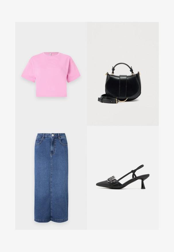 Camiseta corta rosa en un suave material de algodón, con cuello redondo y mangas cortas. Diseño simple, sin patrones ni adornos.; Falda larga de mezclilla en azul oscuro, con corte recto, cinturilla con cierre de botón y detalles de costura mínimos.; Simmi London DALA - Tacones - black; Bolso de cuero negro con una silueta curva, detalles en oro y una correa desmontable. Cuenta con un asa superior y detalles de costura vertical.