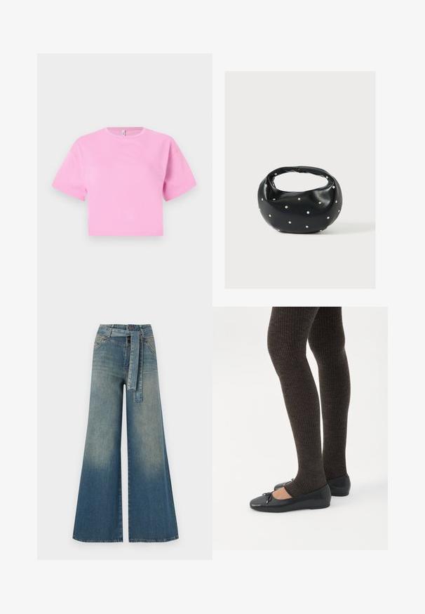 Camiseta corta rosa en un suave material de algodón, con cuello redondo y mangas cortas. Diseño simple, sin patrones ni adornos.; Pantalones de mezclilla de pierna ancha con un degradado de azul claro a oscuro, cintura alta, trabillas para cinturón y un cinturón de tela a juego. Acabado de mezclilla texturizada.; Piernas con leggings oscuros acanalados combinados con bailarinas negras que presentan pequeños detalles de lazo sobre un fondo blanco.; Bolso de mano de cuero negro con forma redondeada, decorado con detalles de tachuelas plateadas y un asa corta. Textura lisa y cierre con cremallera.