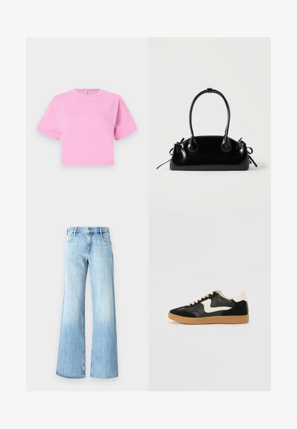 Kurzes, pinkes, cropped T-Shirt aus glattem Baumwollmaterial mit rundem Ausschnitt und kurzen Ärmeln. Einfaches Design, ohne Muster oder Akzente.; Helle blaue Denim-Jeans mit weitem Bein, hoch geschnitten, klassischer Fünf-Taschen-Design und Knopfverschluss, mit einer leichten Ausbleichung nahe dem Saum.; Schwarze Wildleder- und Leder-Sneaker mit einem cremefarbenen Seiten-Swoosh und einer hellcremefarbenen Ferse. Ausgestattet mit beige Schnürsenkeln und einer Gummilaufsohle.; Kleine schwarze glänzende Handtasche mit zwei langen Griffen und seitlichen Kordelzug-Details vor einfachem hellem Hintergrund.