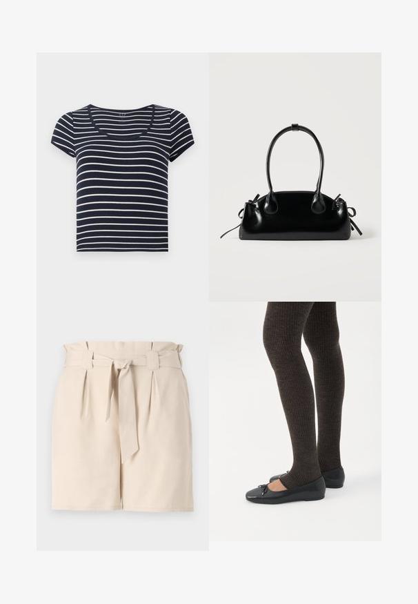 T-shirt à manches courtes rayé bleu marine et blanc avec un décolleté en scoop. Fabriqué en tissu doux, avec des rayures horizontales uniformes de largeurs variées.; Shorts beiges ajustés en tissu léger, dotés d'une ceinture, de plis et d'une coupe droite.; Jambes portant des leggings côtelés foncés associés à des ballerines noires avec de petits détails en nœud sur fond blanc.; Petit sac à main noir brillant avec deux longues anses et des détails à cordon sur les côtés sur un fond clair uni.