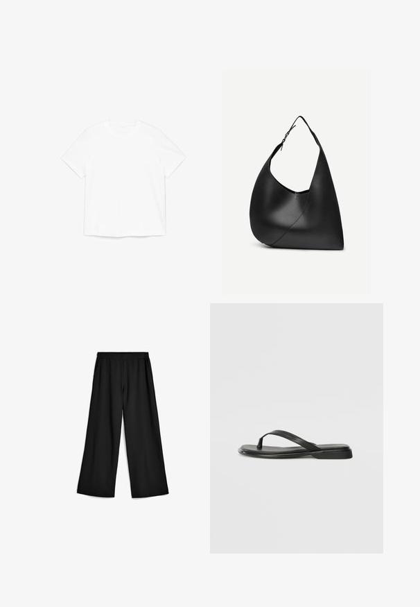 Schlichtes weißes T-Shirt mit kurzem Ärmel und Rundhalsausschnitt, flach auf einem weißen Hintergrund liegend.; Schwarze, weit geschnittene Hose aus weichem, dehnbarem Stoff. Elastischer Bund mit Taschen an den Seiten. Klare Linien und glatte Oberfläche.; Schwarze Flip-Flops aus glattem Leder, mit einem dünnen Riemendesign und einer flachen Sohle mit minimalem Profil. Keine bemerkenswerten Muster oder Akzente.; Schwarze Leder-Schultertasche mit geschwungener dreieckiger Form, einem verstellbaren Einzelriemen und sichtbarer diagonaler Naht auf der Vorderseite.