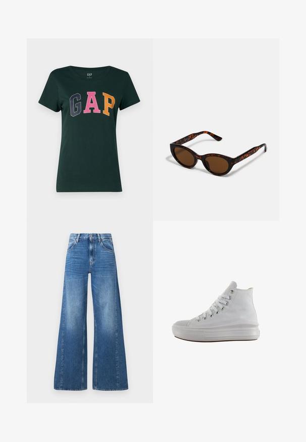 Camiseta de algodón verde oscuro con cuello redondo, que presenta la palabra "GAP" en grandes letras de bloque multicolores: azul marino, rosa y naranja.; Vaqueros de mezclilla azul de pierna ancha con cintura alta, que cuentan con bolsillos frontales y un aspecto desgastado, fabricados en algodón con una textura suave.; Zapatilla de lona blanca de caña alta con cordones blancos, ojales metálicos, suela gruesa de goma y puntera texturizada, mirando hacia la izquierda sobre un fondo blanco.; Gafas de sol de carey marrón con una forma vintage de ojo de gato y lentes marrones. Presentan brazos curvados con acentos rojos.