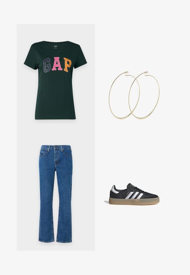 Camiseta de algodón verde oscuro con cuello redondo, que presenta la palabra "GAP" en grandes letras de bloque multicolores: azul marino, rosa y naranja.; Jeans de mezclilla azul claro con corte recto, diseño de cinco bolsillos y detalles de costura. La tela tiene textura con un ligero desvanecimiento.; Zapatilla deportiva de cuero negro con tres rayas plateadas, punta texturizada y suela de goma. Cuenta con un collar acolchado y un diseño con cordones.; Pilgrim Pendientes - gold-coloured