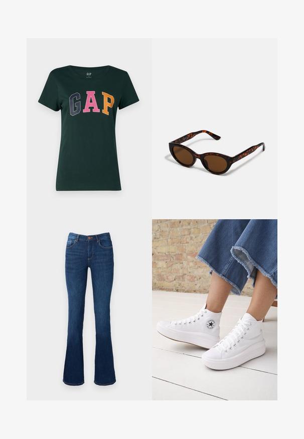 Mørkegrøn bomulds t-shirt med rund hals, der har ordet "GAP" i store, flerfarvede blokbogstaver: marineblå, pink og orange.; Bredde denim jeans i blå farve med mid-rise talje, der har for- og baglommer, orange syninger og knaplukning.; Person iført hvide høje Converse-sneakers med tykke såler og beskårne blå jeans med flossede kanter mod en murstensvæg og hvidt gulv.; Brune skildpadde solbriller med en vintage katteøje-form og brune linser. Har buede arme med røde detaljer.