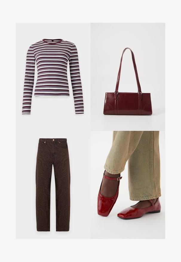 Langærmet ribstrikket skjorte med vandrette striber i mørkerød, hvid og navyblå med rund halsudskæring.; Brune højtaljede jeans med mørkt zebra print, fem lommer, knaplukning og lige ben på hvid baggrund.; Røde patentlæder sko med firkantet tå, lav hæl og ankelrem, parret med lysegrønne vide bukser. Glat tekstur, reflekterende overflade.; Bordeaux håndtaske lavet af glansfuldt materiale, rektangulær form, med to skulderremme og subtile buede detaljer på forsiden.