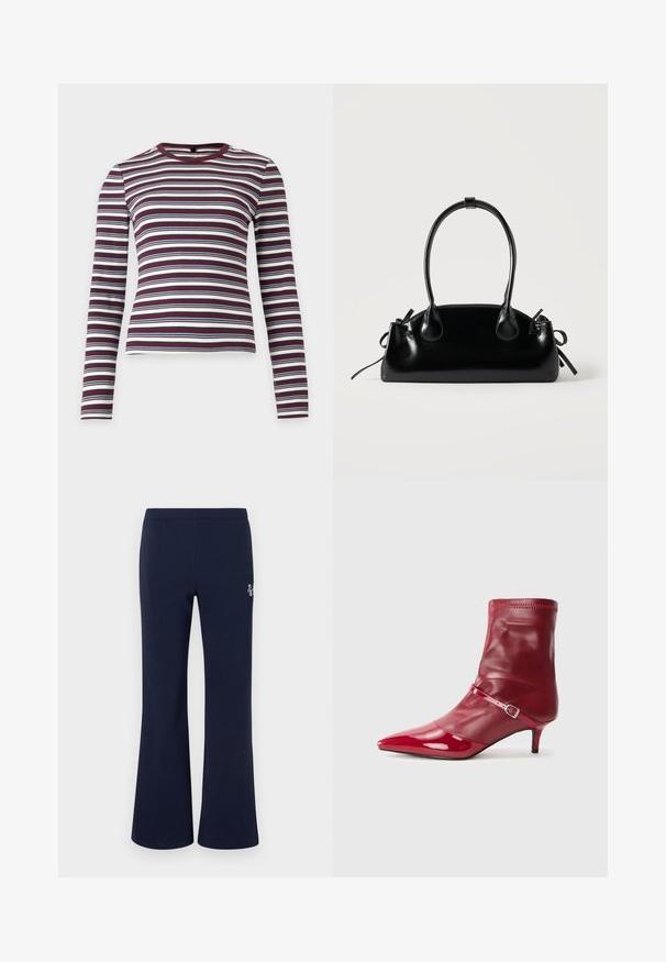 Chemise à manches longues côtelée avec des rayures horizontales en rouge foncé, blanc et bleu marine, avec un col rond.; Pantalon de jogging bleu marine à jambes droites avec taille élastique et petit logo blanc sur la cuisse supérieure.; Bottines synthétiques rouges à talon aiguille, avec une finition brillante et un bout pointu. Elles possèdent une sangle avec une boucle en métal et un soufflet élastiqué.; Petit sac à main noir brillant avec deux longues anses et des détails à cordon sur les côtés sur un fond clair uni.