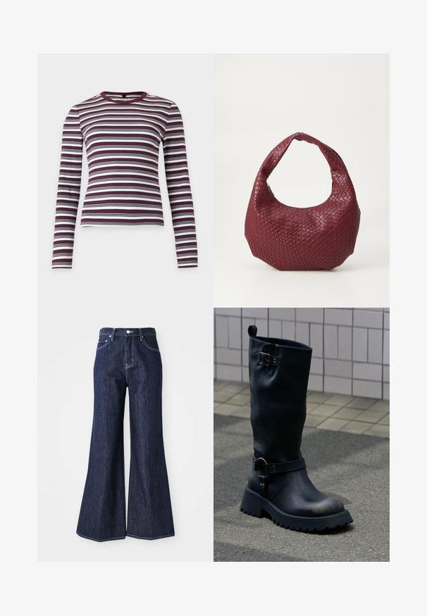 Langærmet ribstrikket skjorte med vandrette striber i mørkerød, hvid og navyblå med rund halsudskæring.; Mørke denim flared jeans med høj talje, der har knap- og lynlåslukning. Hvide syninger og brede ben skaber en struktureret silhuet.; Sort midt-læg læderstøvle med chunky sål, metal spænde nær toppen og rem med ringdetalje over anklen, på en belagt overflade.; Vævet bordeaux håndtaske med en rund silhuet, et enkelt håndtag og en tekstureret overflade. Lynlåslukning øverst.