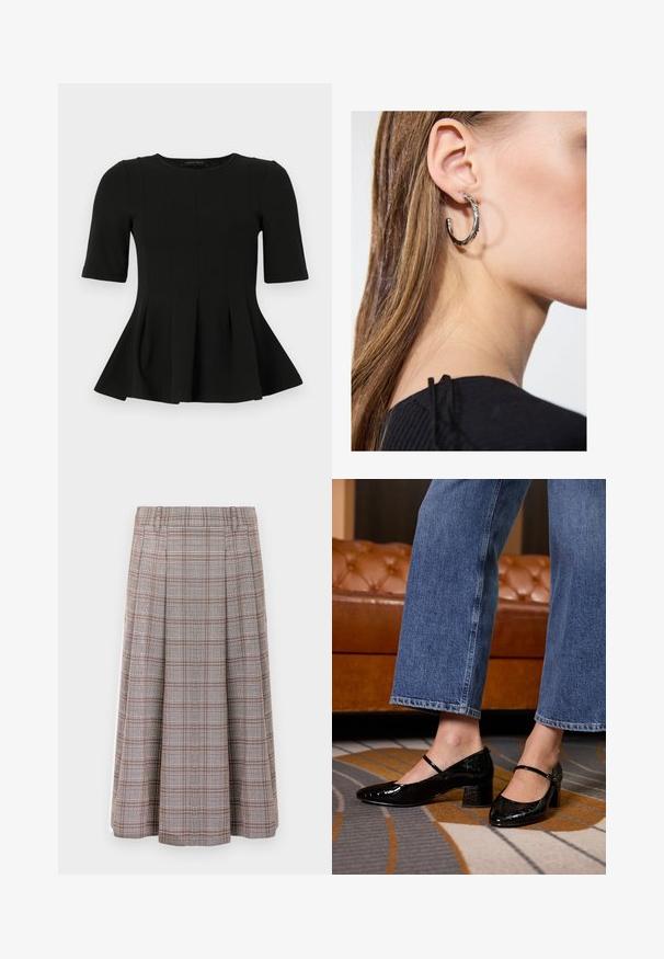 Top peplum negro de manga corta con escote redondo y detalles de costura vertical, presentado sobre un fondo blanco.; Falda midi plisada en un patrón de cuadros marrón y gris, fabricada con una tela texturizada. Cuenta con una cintura y cae hasta la mitad de la pantorrilla.; Zapatos de charol negros con punta afilada, tacón cuadrado y correa en el tobillo, llevados con jeans de pierna ancha, sobre una alfombra estampada.; Pendiente de aro de plata con un acabado pulido, que presenta pequeños detalles en dorado y una forma redonda, llevado en el lóbulo.