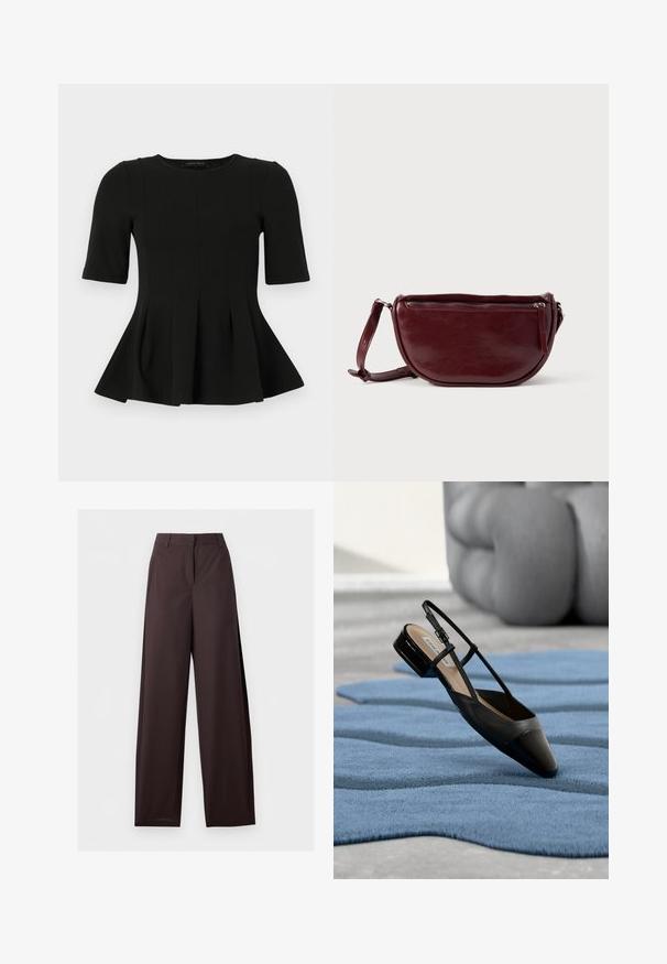 Čierny krátky rukáv peplum top s okrúhlym výstrihom a vertikálnym švom, zobrazený na bielom pozadí.; Rovné tmavohnedé nohavice s pútkami na opasok, predným zipsom a bočnými vreckami, položené na bielom pozadí.; Čierna lodička s otvorenou pätou z lakovanej kože s nízkym blokovým podpätkom, položená na modrom vlnitom koberci s textúrou a šedom pohodlnom nábytku.; Kožená kabelka bordovej farby v tvare polmesiaca, so zipsovým zatváraním a odnímateľným popruhom. Hladká textúra s jemným leskom.