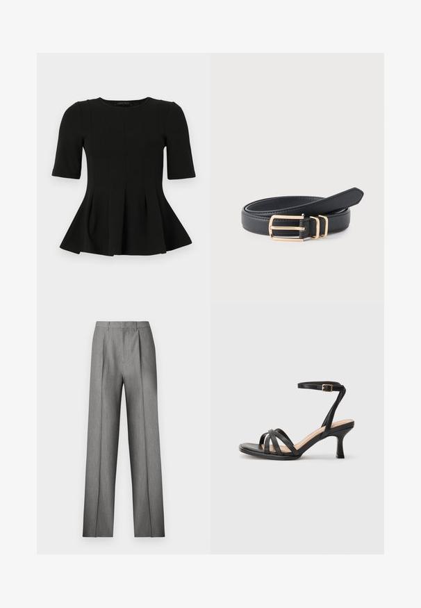Sort peplum top med korte ærmer og rund udskæring samt lodrette sømdetaljer, vist på en hvid baggrund.; Grå skræddersyede bukser med et plisseret frontpanel, lige ben og en subtil tekstur. Har en linning med bæltestropper og ingen synlige lommer.; Sorte høje hæle sandaler med flere tynde stropper over tæerne, en enkelt ankelstrop med en gylden spænde og en firkantet tå.; Sort læderbælte snoet med et gyldent rektangulært spænde og to matchende gyldne bæltestropper på en lys baggrund.