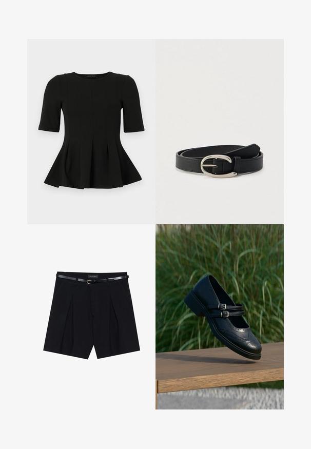 Sort peplum top med korte ærmer og rund udskæring samt lodrette sømdetaljer, vist på en hvid baggrund.; Sorte skræddersyede shorts med folder, udstyret med et slankt sort bælte med en gylden spænde. Fremstillet af et glat stof, der giver et poleret udseende.; Sort læder Mary Jane-sko med dobbelte spænder og brogue-detaljer, der svæver over en træbænk med grøn græsbaggrund.; Sort læderbælte med sølvfarvet ovalt spænde, rullet sammen på en lysegrå baggrund.